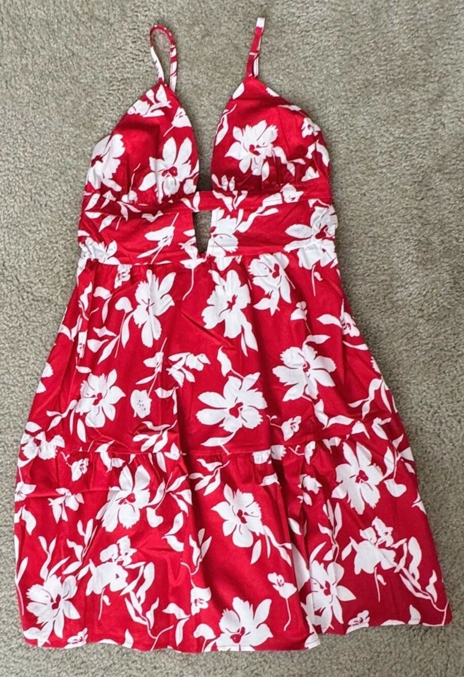 Women’s Large Red White Floral Midi Dress Cutout Back Tropical Sundress Strappy